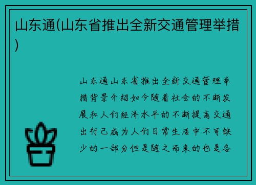 山东通(山东省推出全新交通管理举措)